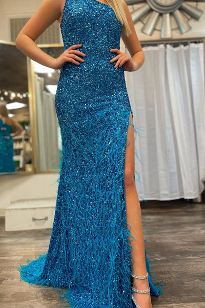 Blue Mermaid One Shoulder Sequins Long Prom Dress with Feathers VK23121804