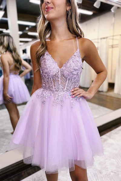 Glitter Lilac Corset A-Line Tulle Short Homecoming Dress with Lace VK23072901