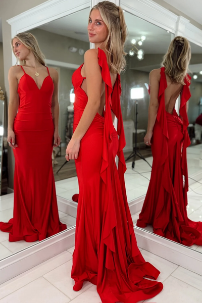 Mermaid V Neck Lavender Satin Ruffles Long Prom Dresses with Slit VK26011504