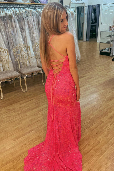 Hot Pink Lace-Up Back Sequins Prom Dress VK23100302
