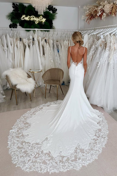Bohemian Mermaid V Neck Satin Long Wedding Dresses with Appliques VK25050803
