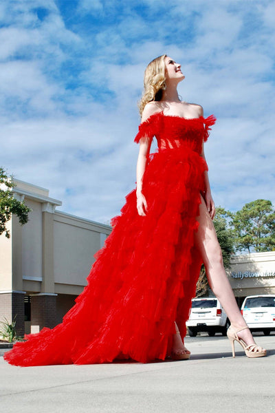 Off the Shoulder Ruffle Red Layered Tulle Prom Dress with Slit VK23113001