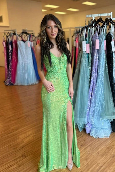 Cute Mermaid V Neck Green Sequin Mermaid Long Prom Dresses with Appliques VK24021402