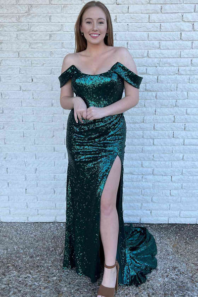 Pleated Off-the-Shoulder Black Sequins Long Formal Dress VK23121809