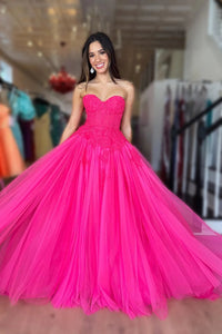 Hot Pink Tulle Sweetheart Long Prom Dresses VK23091004