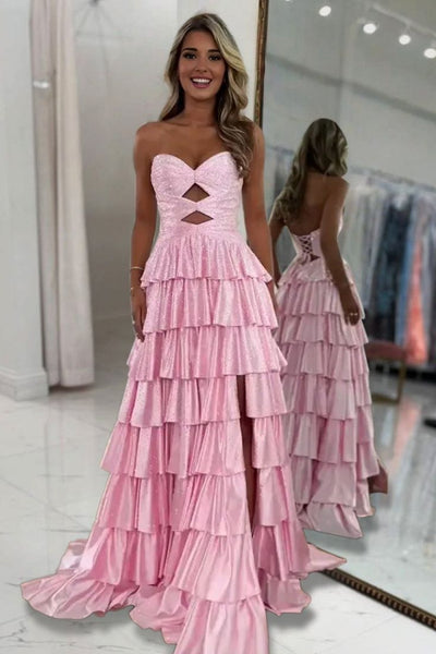 Gorgeous A Line V Neck Daffodil Tiered Long Prom Dress with Rhinestones VK102708