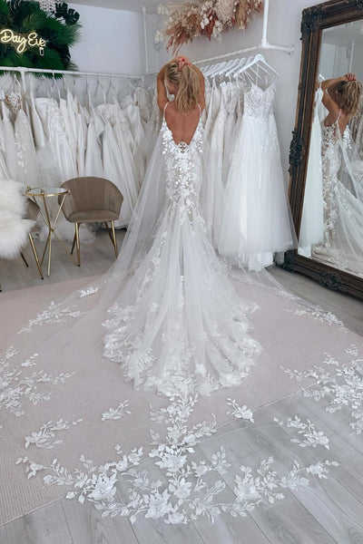 Mermaid V Neck Lace Long Wedding Dress VK25053105