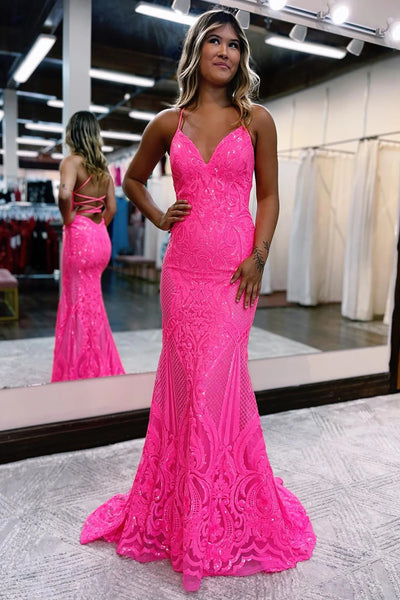 Sparkly Mermaid Backless Hot Pink Sequins Long Prom Dress VK23092707