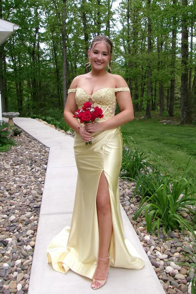 Cute Mermaid Off the Shoulder Yellow Satin Prom Dress with Appliques VK25052407