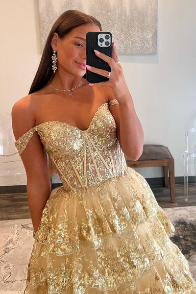 Ball Gown Off the Shoulder Gold Sequin Lace Prom Dress VK23102306