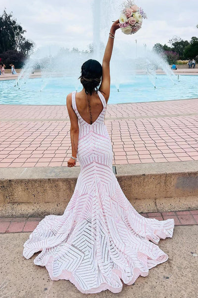 Light Pink Sequins V Neck Mermaid Long Prom Dresses VK24051402