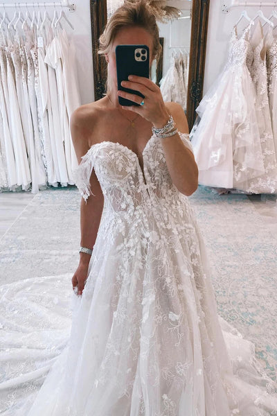 Boho A-Line Off the Shoulder Lace Wedding Dresses VK23082705