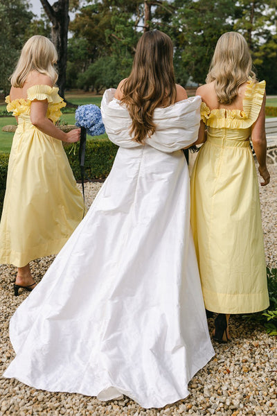Yellow Off the Shoulder Ruffle Satin Ankle Length Bridesmaid Dresses VK24040302