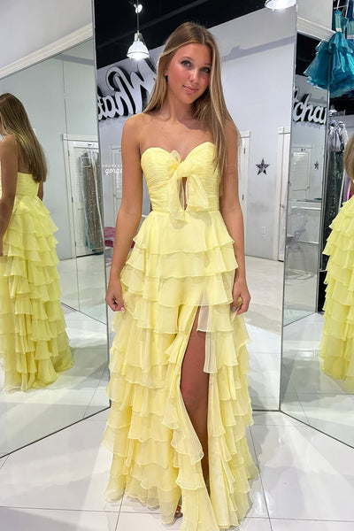 Cute A Line Sweetheart KeyHole Yellow Chiffon Long Prom Dress with Bow VK25010305