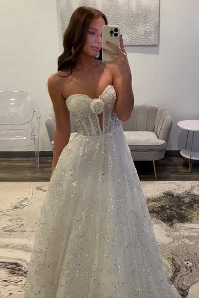 Sparkly White Sequins Long A Line Sweetheart Prom Dress VK022502