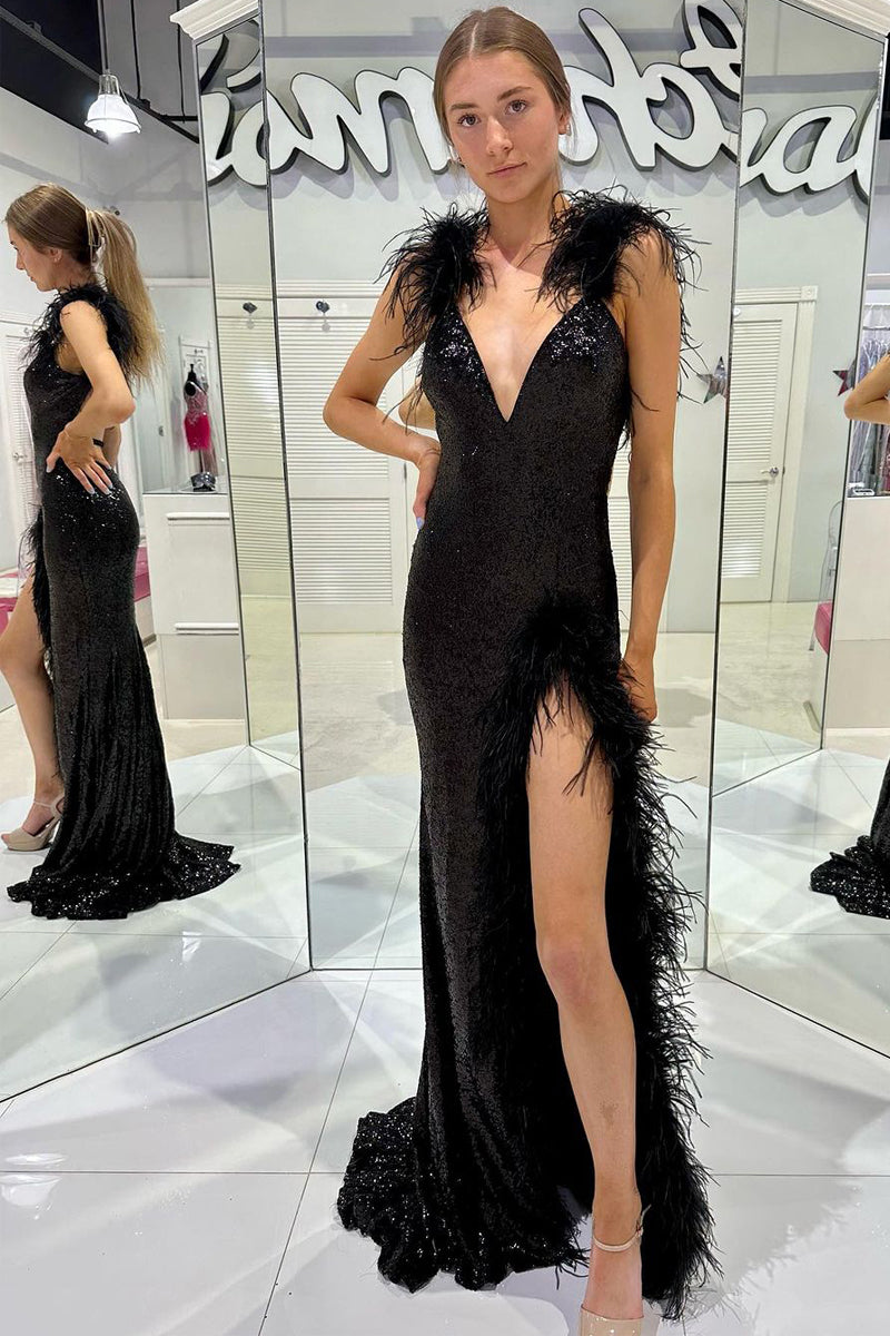 Black Deep V Neck Sequins Long Prom Dresses with Feather VK23111801