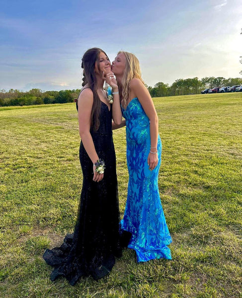 Sparkly Mermaid V Neck Blue Sequins Lace Long Prom Dresses VK23052106