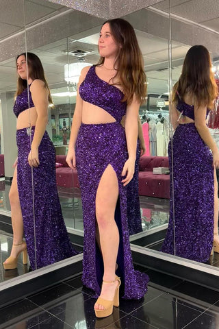 Purple One Shoulder Cutout Sequin Mermaid Long Prom Dresses VK24022103