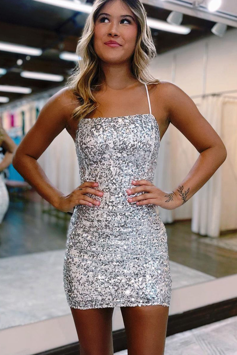 Glitter Bodycon Straps Silver Sequins Short Homecoming Dresses VK23080605