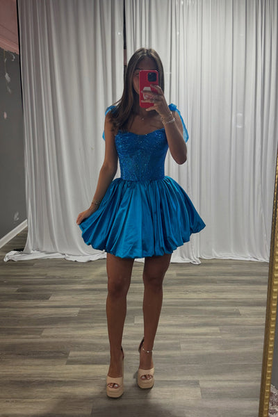 Sparkly A Line V Neck Royal Blue Satin Short Homecoming Dress with Hot Fix VK26070702