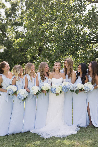 Sheath One Shoulder Bow Blue Chiffon Long Bridesmaid Dresses with Slit VK26081507