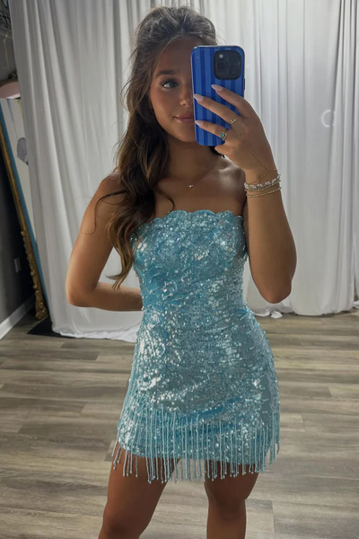 Sparkly Blue Strapless Sequined Sleeveless Mini Homecoming Dress with Tassel VK26070102
