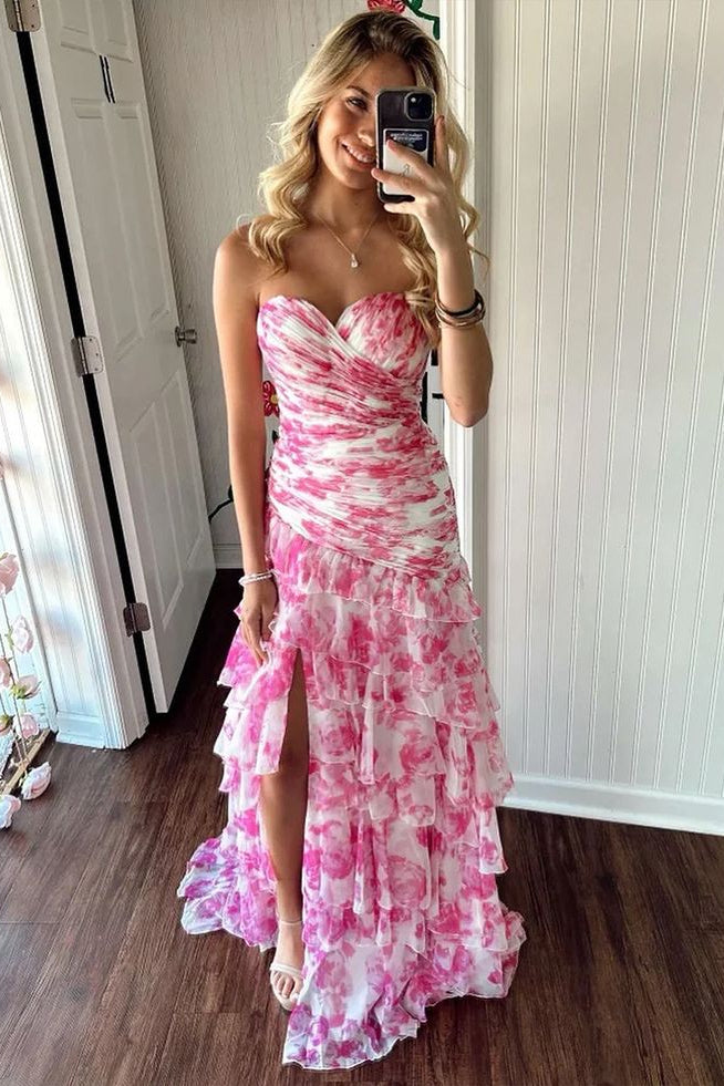 Cute Mermaid Sweetheart Floral Chiffon Tiered Prom Dress with Slit VK25012503