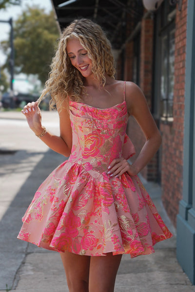 Cute A Line Scoop Neck Coral Jacquard Satin Homecoming Dress AB26073103