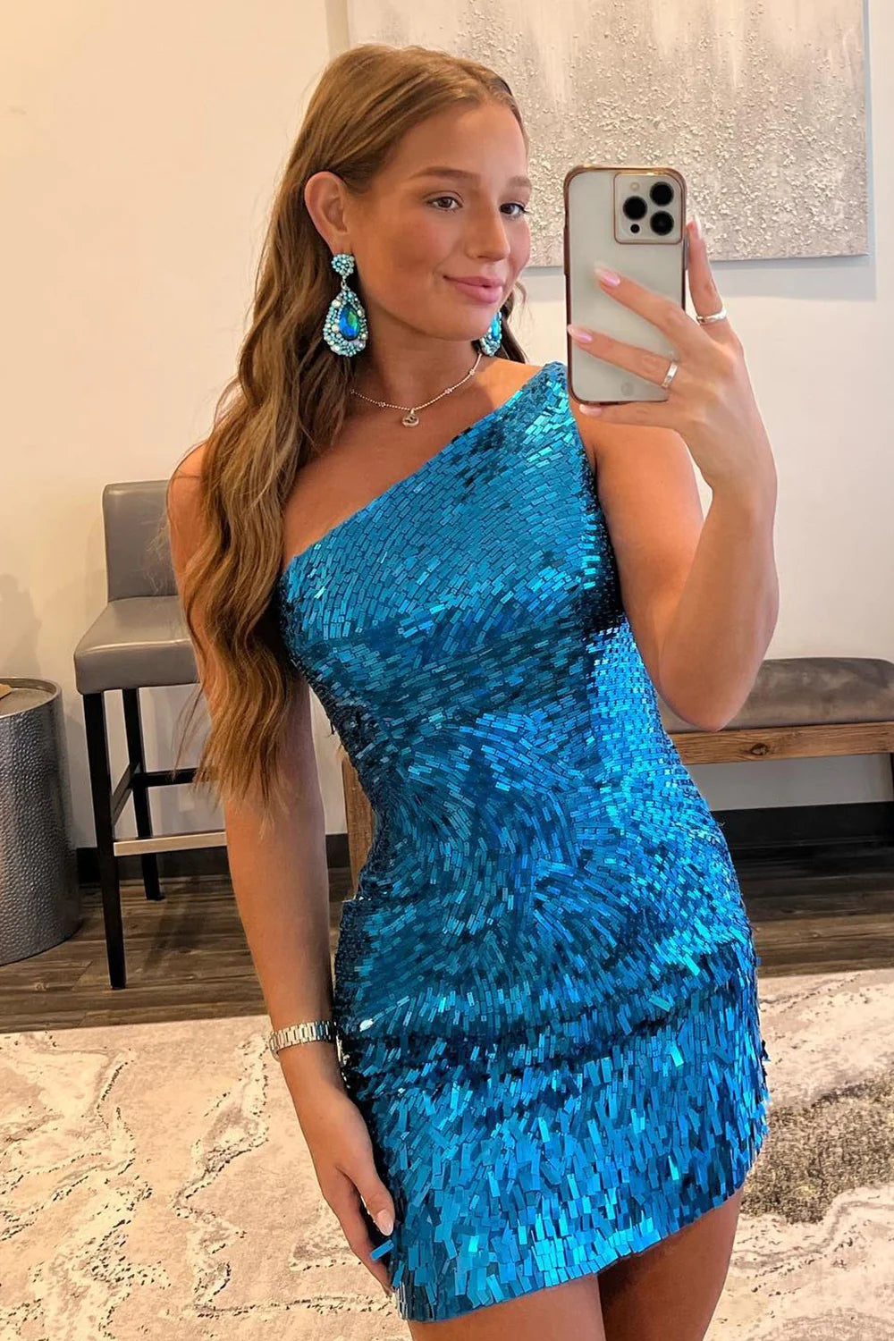 Sheath One Shoulder Blue Sequins Short Homecoming Dress VK23080906