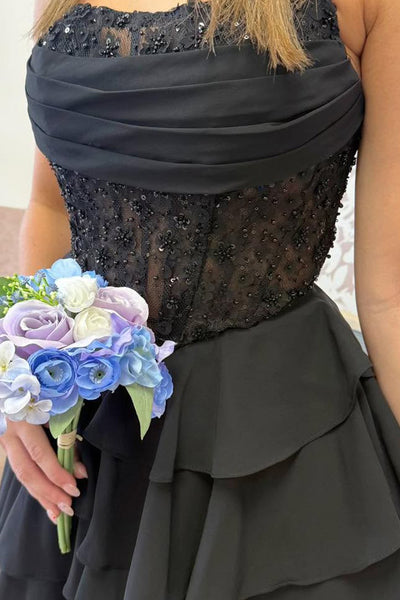 A-Line Strapless Black Chiffon Short Ruffles Tiered Homecoming Dresses with Beads VK26082207