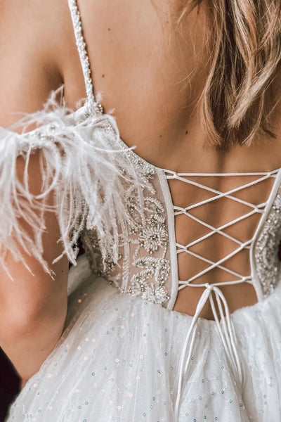 Cute A-Line Off the Shoulder Feather Short Homecoming Dress VK23082211
