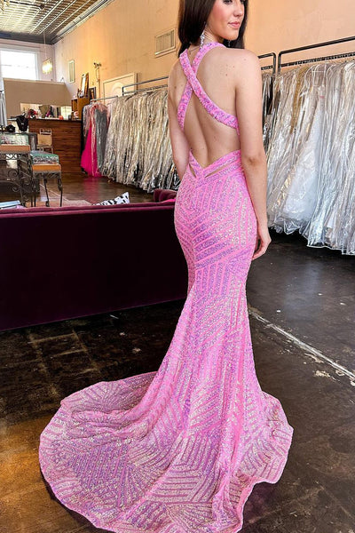 Sparkly Mermaid Deep V Neck Pink Sequins Long Prom Evening Dresses VK23082115