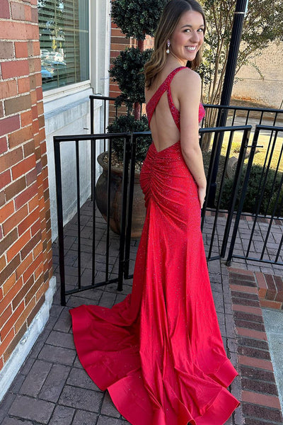 Red Beaded One Shoulder Long Prom Dresses with Slit VK23111205