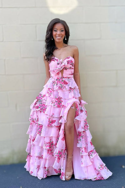 Cute A Line Pink Chiffon Floral Print Satin Prom Dress with Slit VK5111203