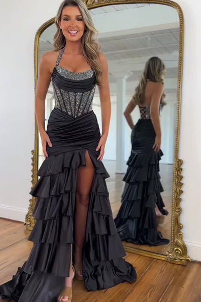 Gorgeous Mermaid Scoop Neck Satin Tiered Prom Dress with Hot Stone VK25112305