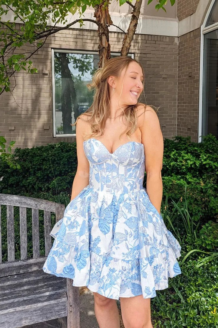Cute A-Line Strapless Blue Jacquard Satin Short Homecoming Dresses with Pockets VK24052202 – Vickidress