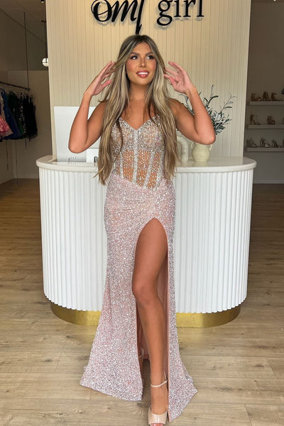 Sparkly Mermaid V Neck Pink Sequins Long Prom Dresses with Beading VK24092801