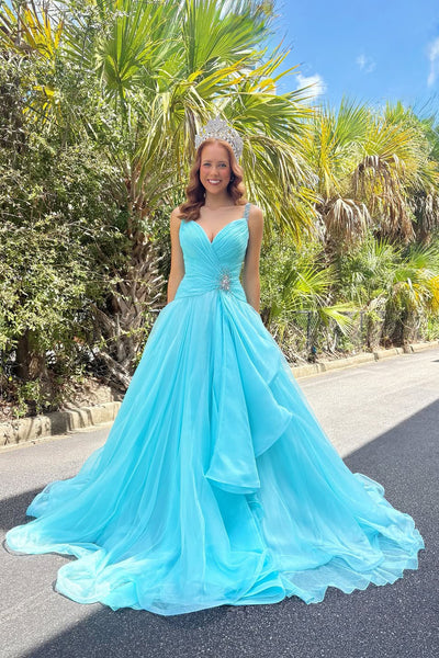 Gorgeous A Line V Neck Aqua Chiffon Long Prom Dress with Beading VK25121011