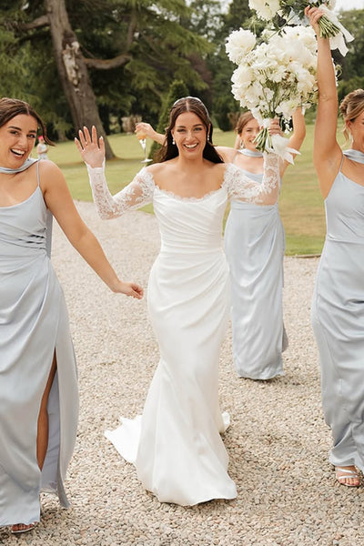 Elegant Mermaid Off the Shoulder Satin Wedding Dresses with Lace Long Sleeves VK25092303