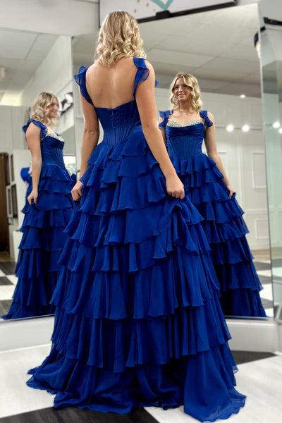 Cute A-Line Sweetheart Royal Blue Chiffon Long Tiered Prom Dresses VK26021003