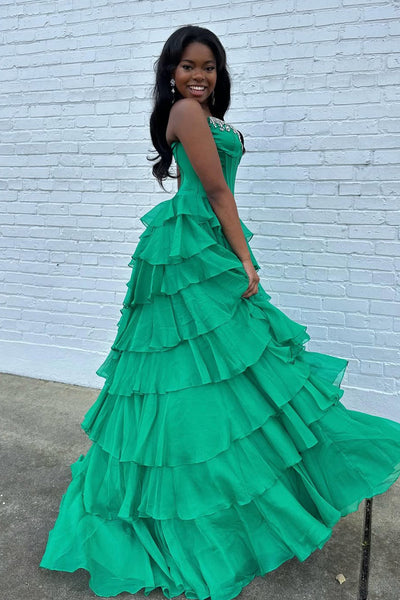 Cute Scoop Neck Green Chiffon Tiered Prom Dress with Beading VK15120307