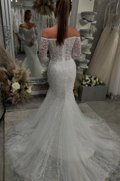 Gorgeous Mermaid Off the Shoulder Sequins Lace Wedding Dresses with Sleeves