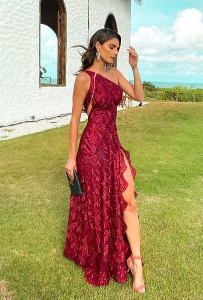 Elegant One Shoulder Red Lace Wedding Guest Dress Evening Dress with Slit VK25051901