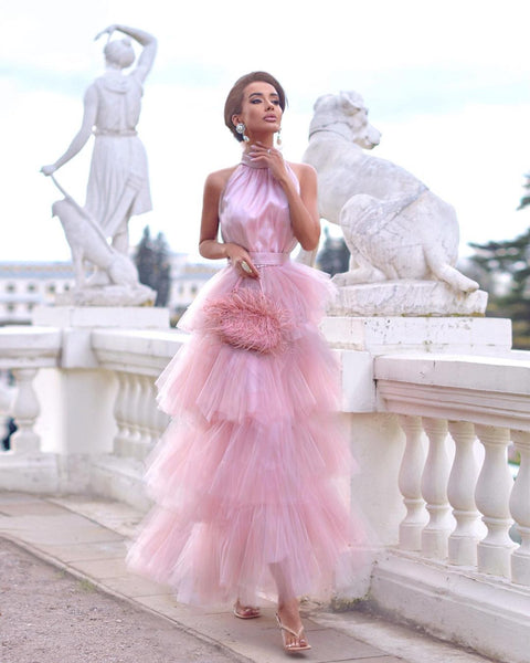 Cute Ball Gown High Neck Pink Tulle Te Length Prom Dresses VK23050510