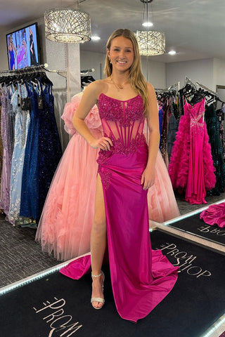 Fuchsia Strapless Satin Mermaid Long Prom Dresses with Slit VK24030901