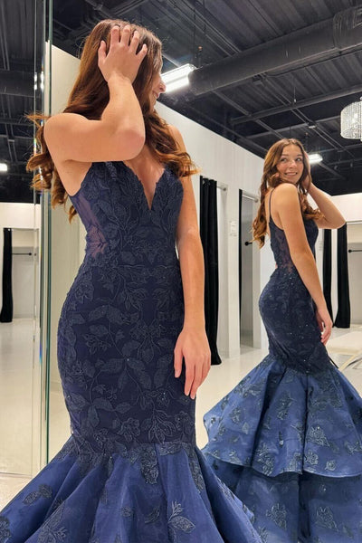 Navy Blue V Neck Mermaid Long Prom Dresses with Appliques VK24022703