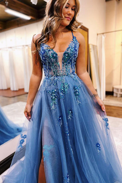 Cute A Line V Neck Sparkly Dusty Blue Tulle Prom Dress with Beading