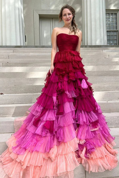 Magenta Ombre Strapless Ruffle Tiered Long Prom Dress VK23110902