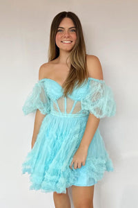 Pretty A-Line Sweetheart Lake Blue Tulle Homecoming Dresses VK23081303