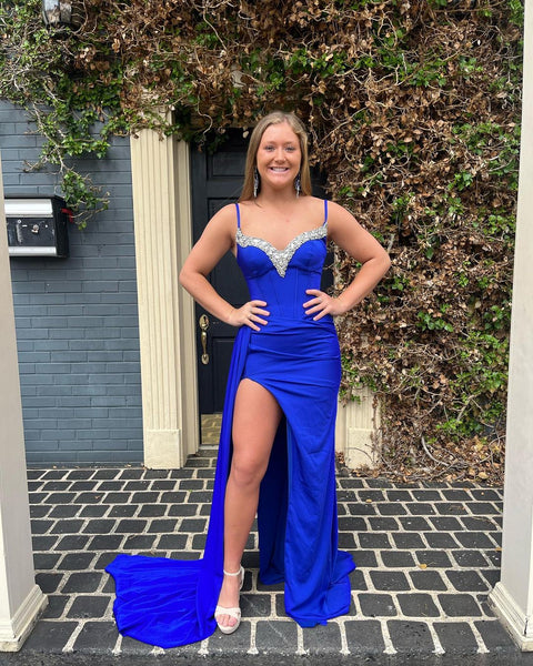 Cute Mermaid Sweetheart Royal Blue Satin Long Prom Dresses with Beading VK23060807